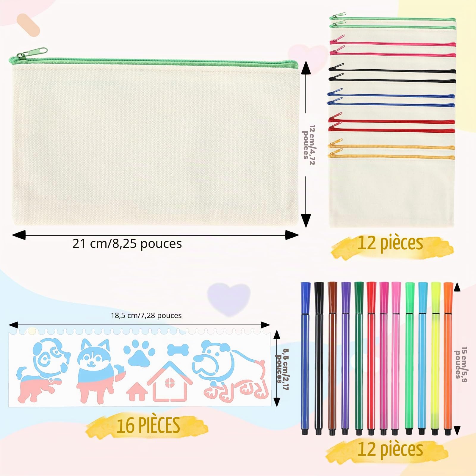 12 Pièces DIY Vierge Pochette Tissu, Pochette Tissu Zippée, Trousses en toile à peindre,12 pinceaux colorés, 16 modèles de peinture, 12 x 21cm,pour Voyage Activités en Classe, cadeaux pour enfants