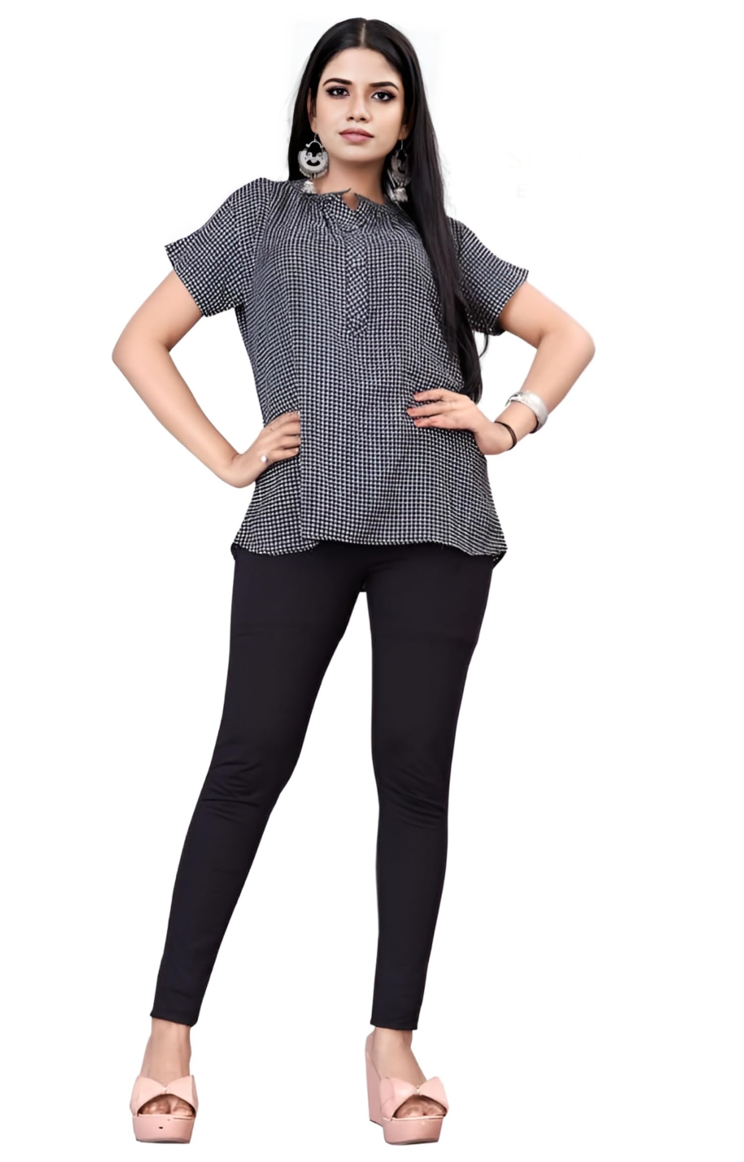 BrukinsaBrukinsa Women's Printed Softy Moss Short Sleeve Collared Neck Lightweight Westernd Designer Top (R-F-387)