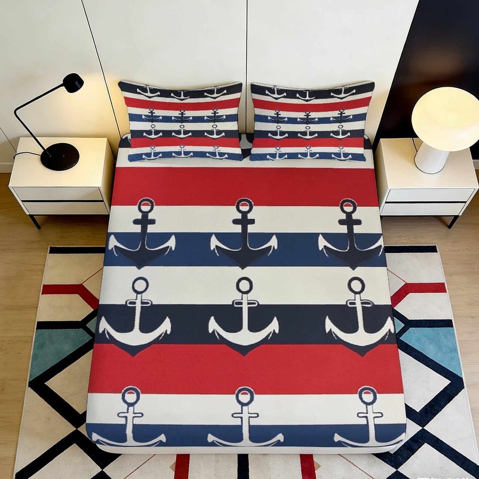 Pnayamiorkfel Style-1 3D Printed Nautical Anchor Fitted Sheet Microfiber Soft Red Blue Stripe Bed Cover For Bedroom Dorm Mattress Protection Decor 90X200x25cm