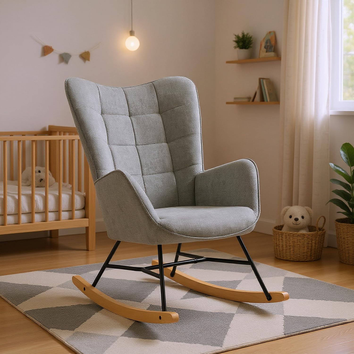 Fauteuil d'allaitement Grey avec Dossier Moelleux Tissu Style Scandinave Surpiqûres Fauteuil à Bascule pour Chambre de Bébé