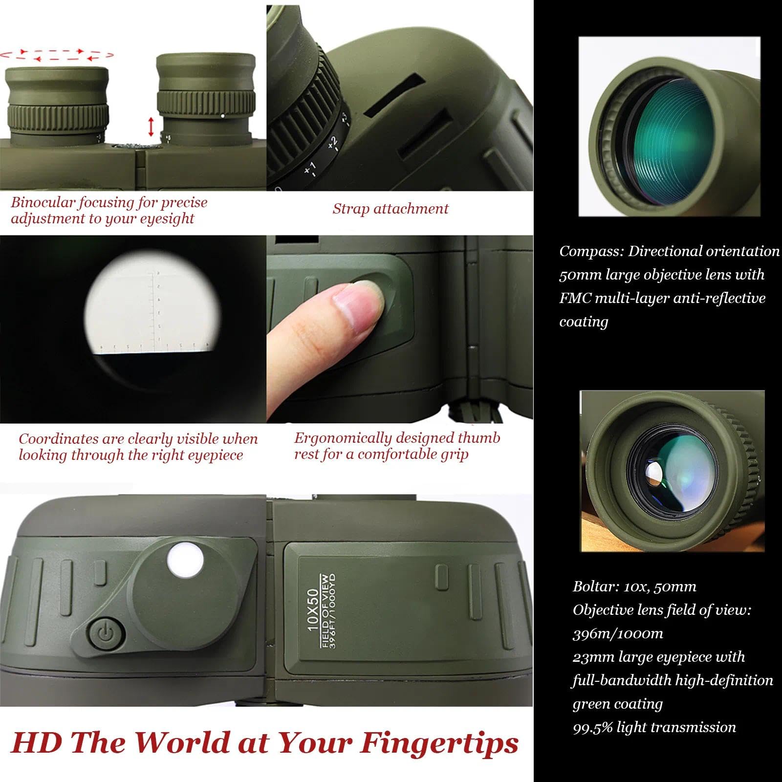 Fernglas mit Kompass, wasserdicht, hohe Vergrößerung, High-Definition-Entfernungsmesser, Nachtsicht, ideal für Outdoor-Aktivitäten, Bootfahren, Angeln und Segeln (Armeegrün, 7 x 50)