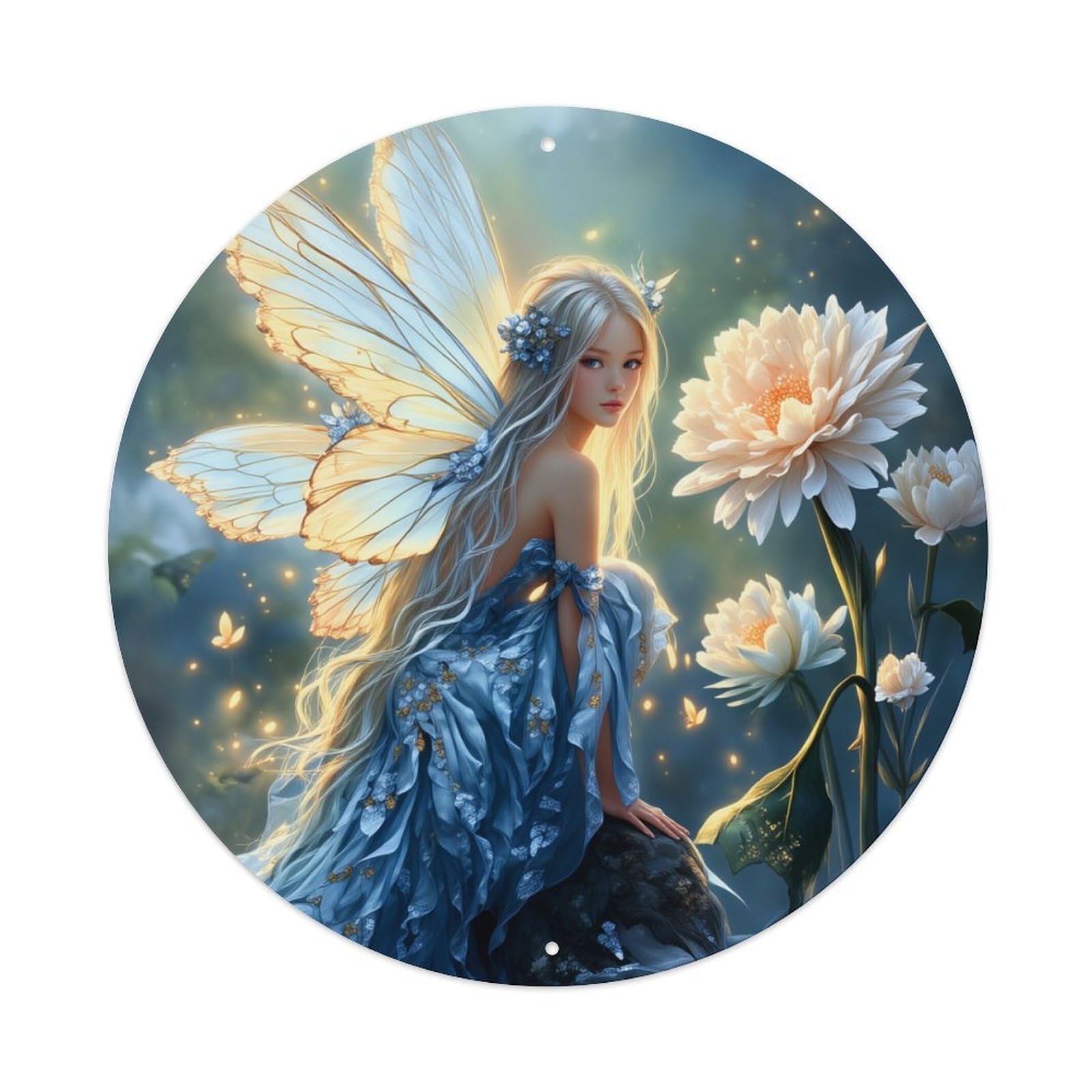 Fairy Wings Flowers Light Blue Round Tin Sign Retro Metal Sign for Cafe Bar Pub Home Game Room Gym Club Wall Decoration Vintage Metal Poster 8x8 Inch