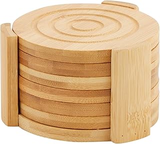 Juvale Coasters Set of 6-4.3-Inch Round Light Brown Bamboo Wood with Hol...