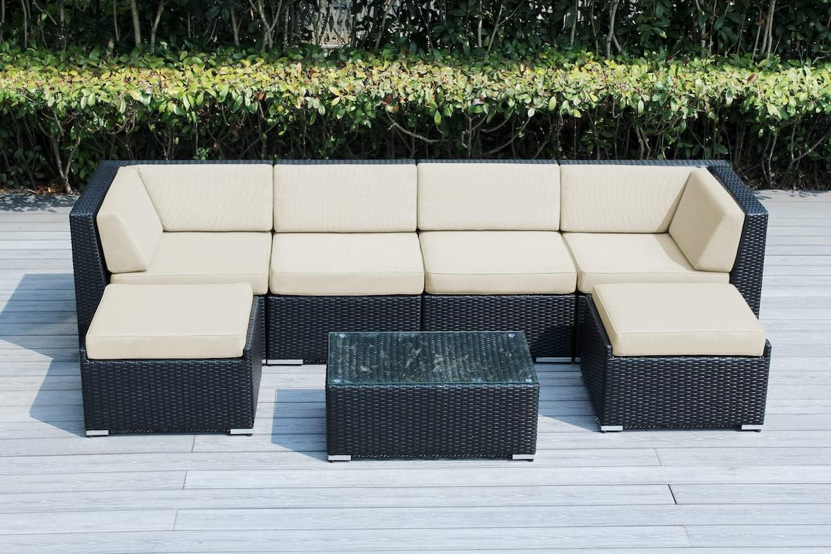 Ohana 7-Piece Outdoor Patio Furniture Sectional Conversation Set, Black Wicker with Sunbrella Antique Beige Cushions - No Assembly with Free Patio Cover