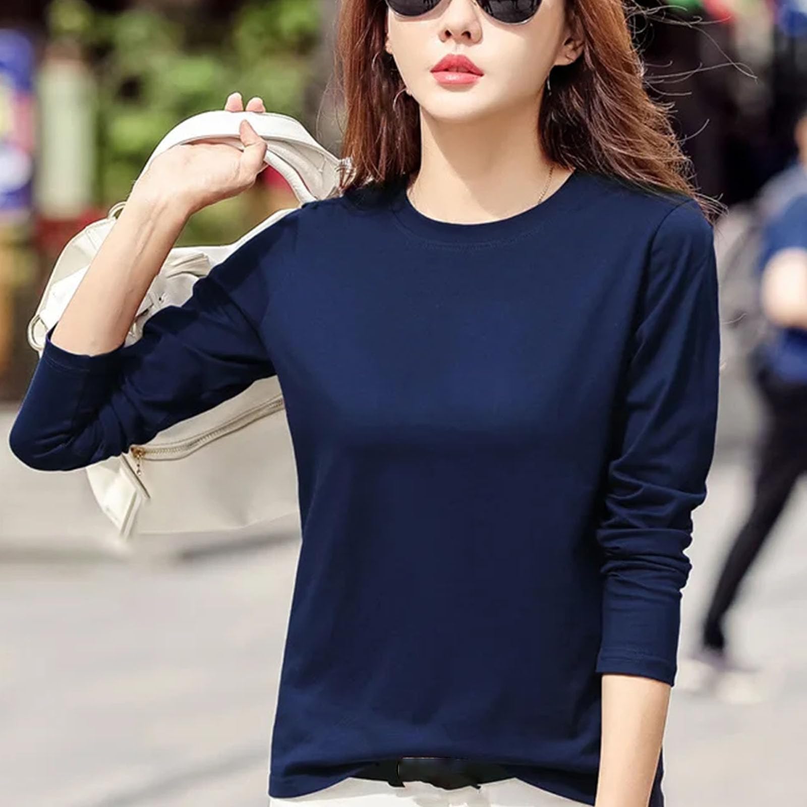 Manica lunga Donna Girocollo Top Bottoming Camicia Plus Size Large Size T-Shirt Cotone Tinta unita Abbigliamento Donna