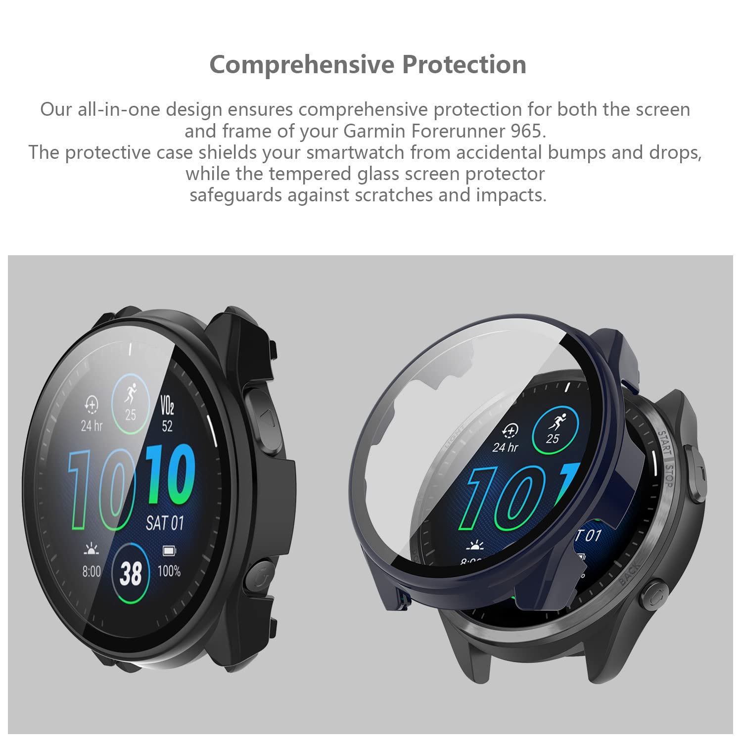 Kwmobile Lot De 2 Coques + Verre Trempé Pour Garmin Forerunner 965 – Protection Complète Noir & Bleu Foncé Ultra Solide