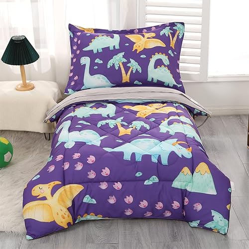 Wowelife Juego de ropa de cama de dinosaurio para niños, juego de edredón prémium de 4 piezas para niños pequeños, color morado con sábana encimera,