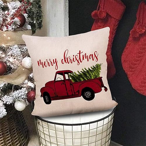 Miniatura 2 de Spencer 3 unidsset Feliz Navidad Fundas de cojín Fundas de cojín Vintage Rojo Camión Suave Algodón Lino para el Hogar Fiesta Invierno Año Nuevo