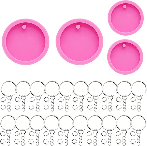 Miniatura 2 de Juego de 64 moldes redondos de silicona para llaveros, 4 moldes redondos de silicona, moldes de resina de resina epoxi, con llaveros y anillo de