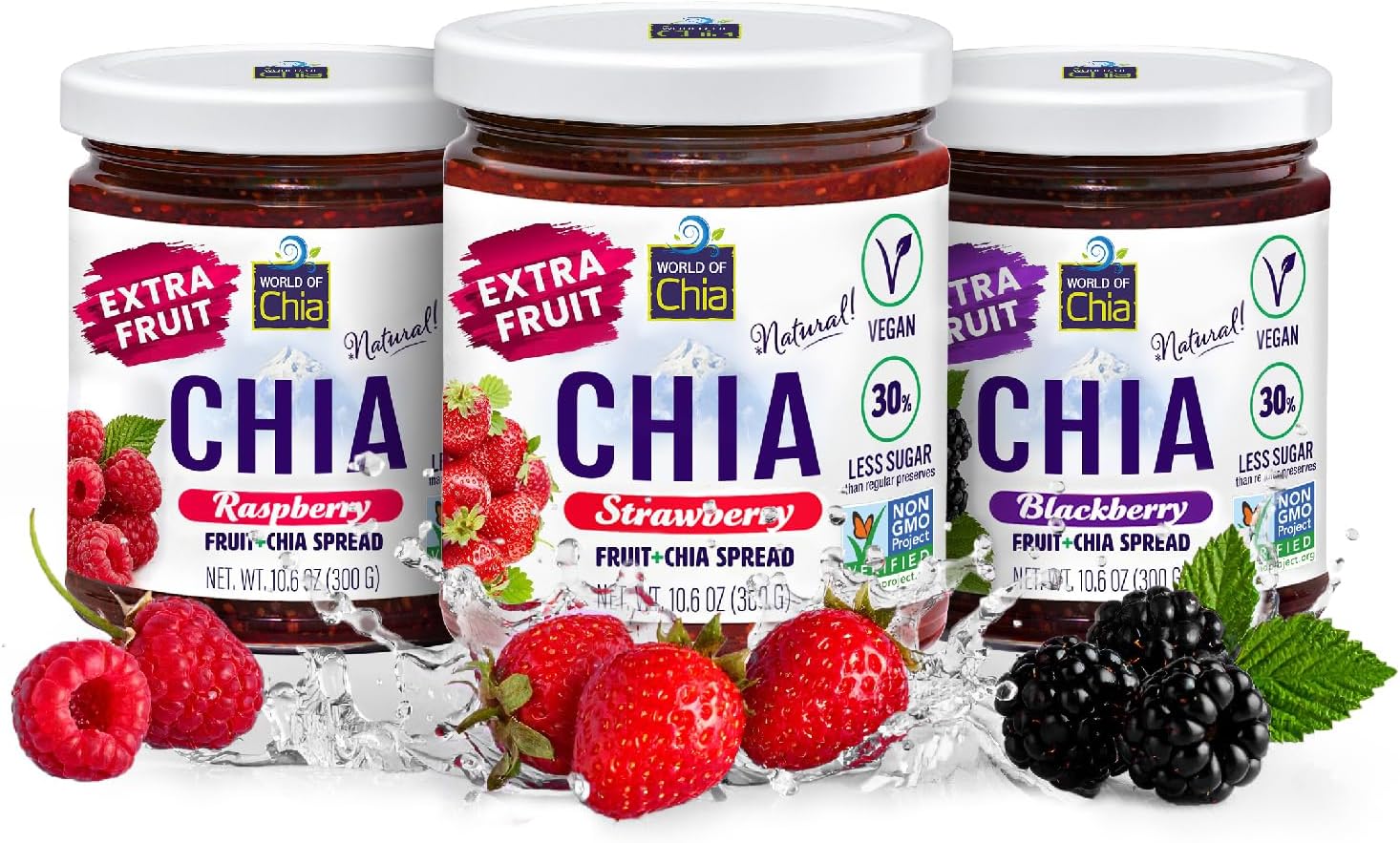 - World of Chia Extra Fruit Chia Seeds Jam Variety Pack - Strawberry, Raspberry & Blackberry Jams and Preserves – All Natural Super Food Chia Jam, Gluten Free, Vegan, Additive Free, Low Sugar, Omega 3, Non-GMO, Made in USA Fruit Spread - (10.6 Oz, 300 g Jar) Pack of 3