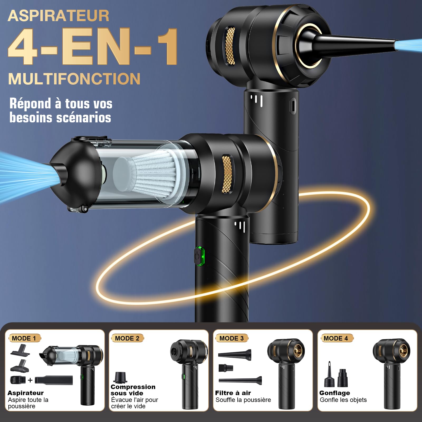Aspirateur à Main sans Fil 4 en 1, Puissant, 28000 PA, 3 Vitesses 240 000 TR/Min, Aspirateur pour Voiture, Cuisine, PC, canapé, Bureau, Maison et Nettoyage des Poils d'animaux (Jaune doré)