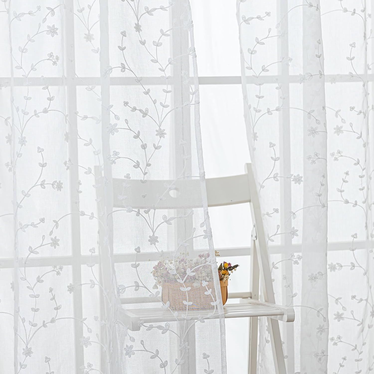 Embroidered Sheer Curtains, White Floral Leaf Embroidery Light Filtering Sheers, Elegant 96 Inch Length 2 Panels Set, Rod Pocket Patterned Window Drapes for Living Room/Bedroom