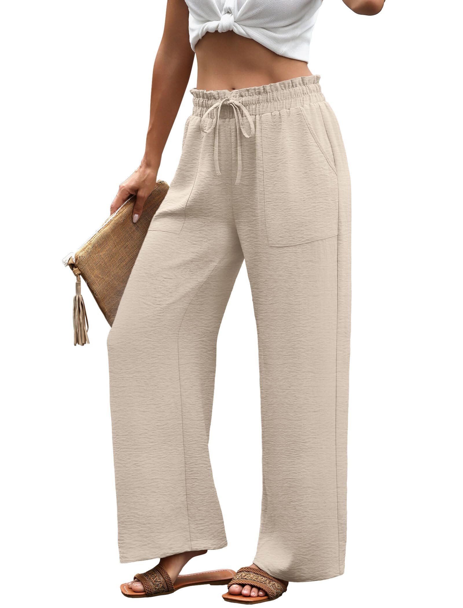 WIHOLL Women's Wide Leg Pants with Pockets Drawstring Loose Trousers Business Work Pants Summer Beach Vacation Clothes — view 4