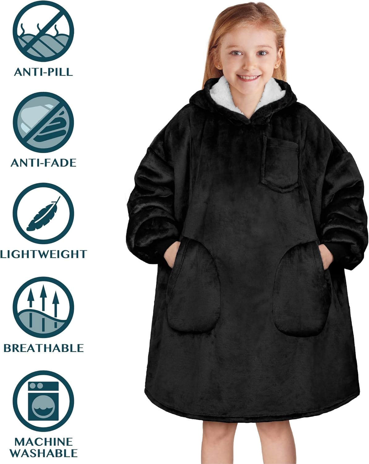 PAVILIA Wearable Blanket for Kids Boy Girl, Warm Cozy Giant Hoodie with Two Pockets, Fleece Sherpa Hooded Pullover for Teen - Image 5