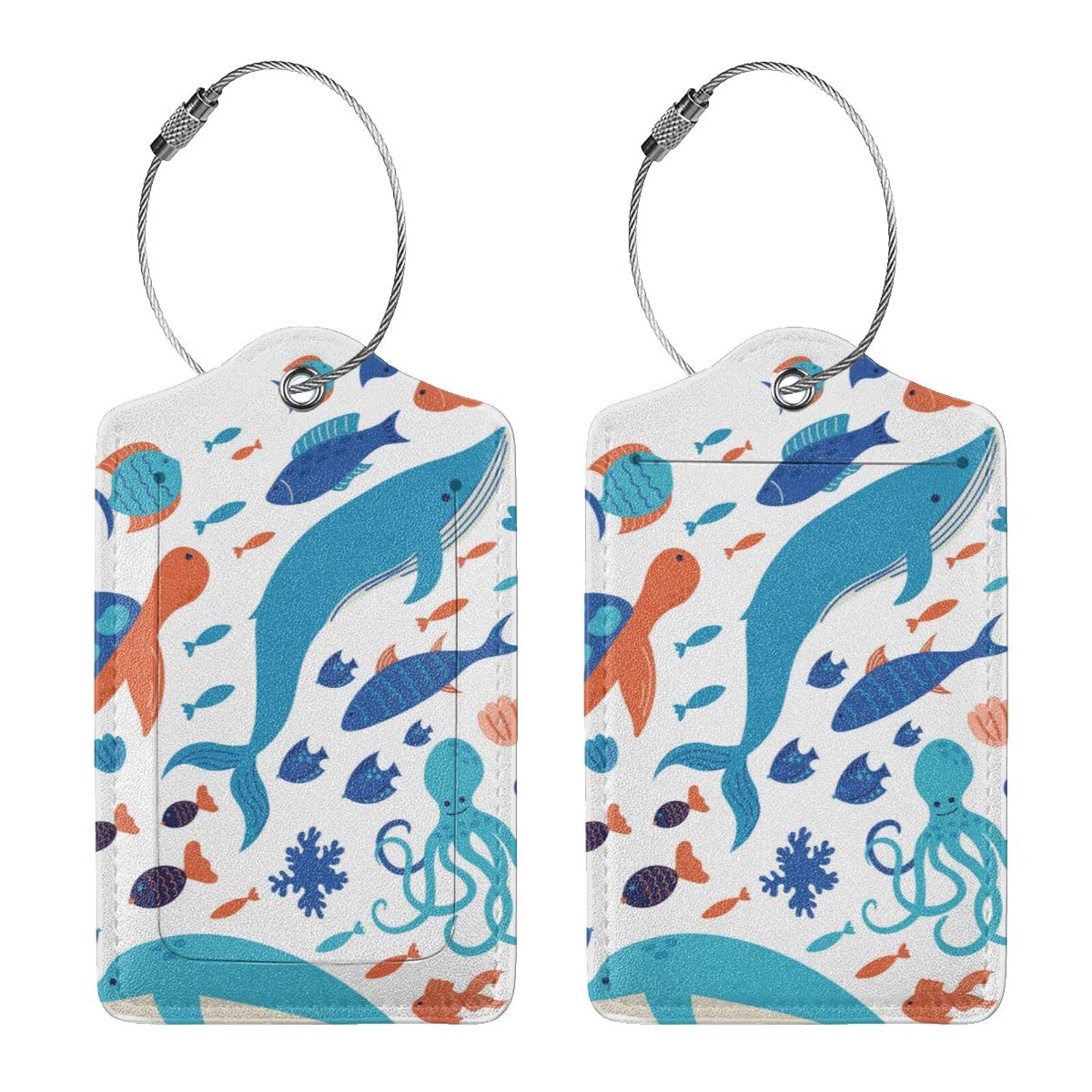 Vridoyt 2 Pcs Underwater Ocean Sea of Animals Luggage Tags for Suitcases, Graffiti on Drawn of Marine Creatures Tags Birthday Gifts for Men Women Boy Girl Kid