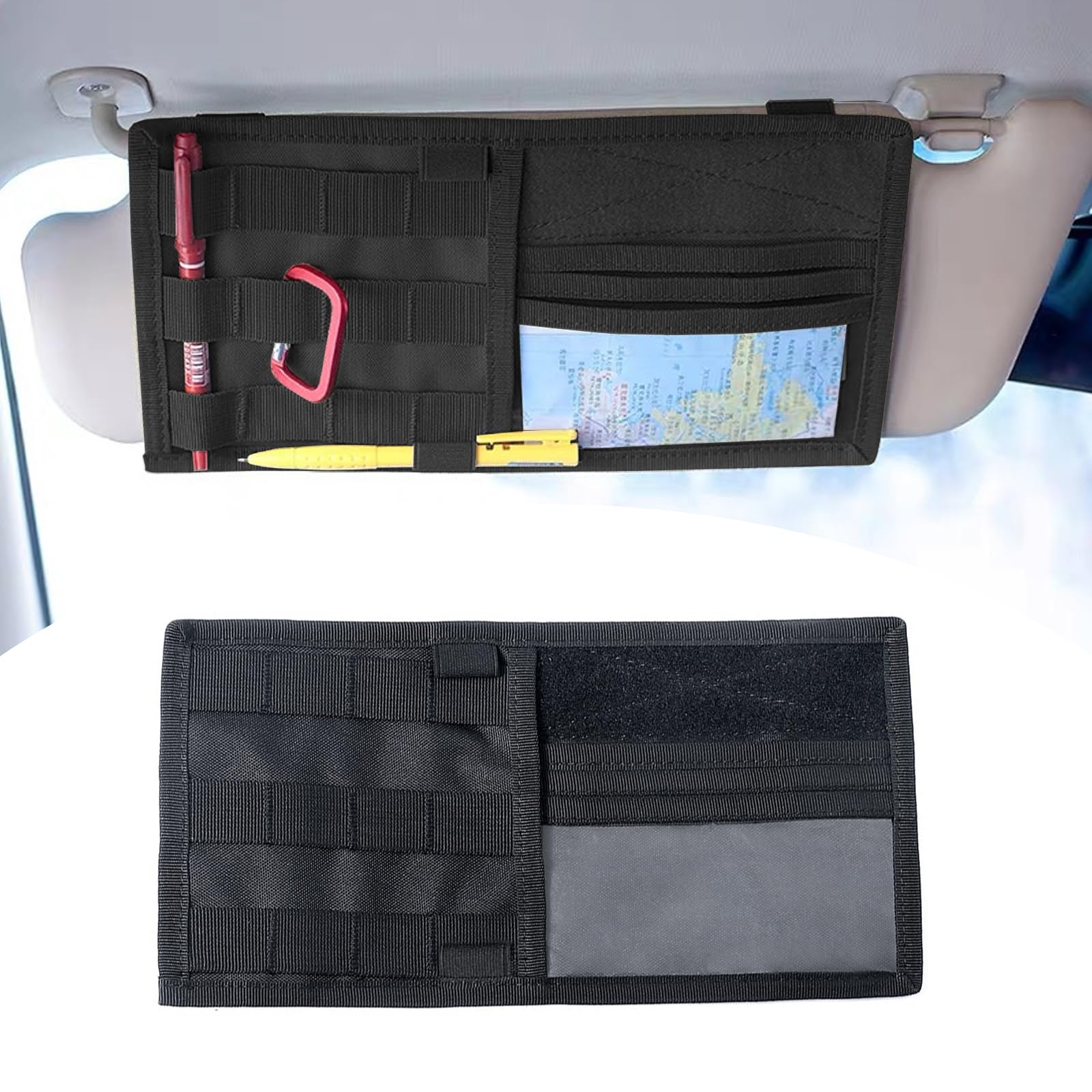 Flygun 1 PC Car Sun Visor Storage Bag, Pen Carabiner Card File Multifunctional Pocket Organizer, Nylon Sports and Leisure Outdoor Sports Storage Bag, Universal for Car Sun Visor Accessories (Black)