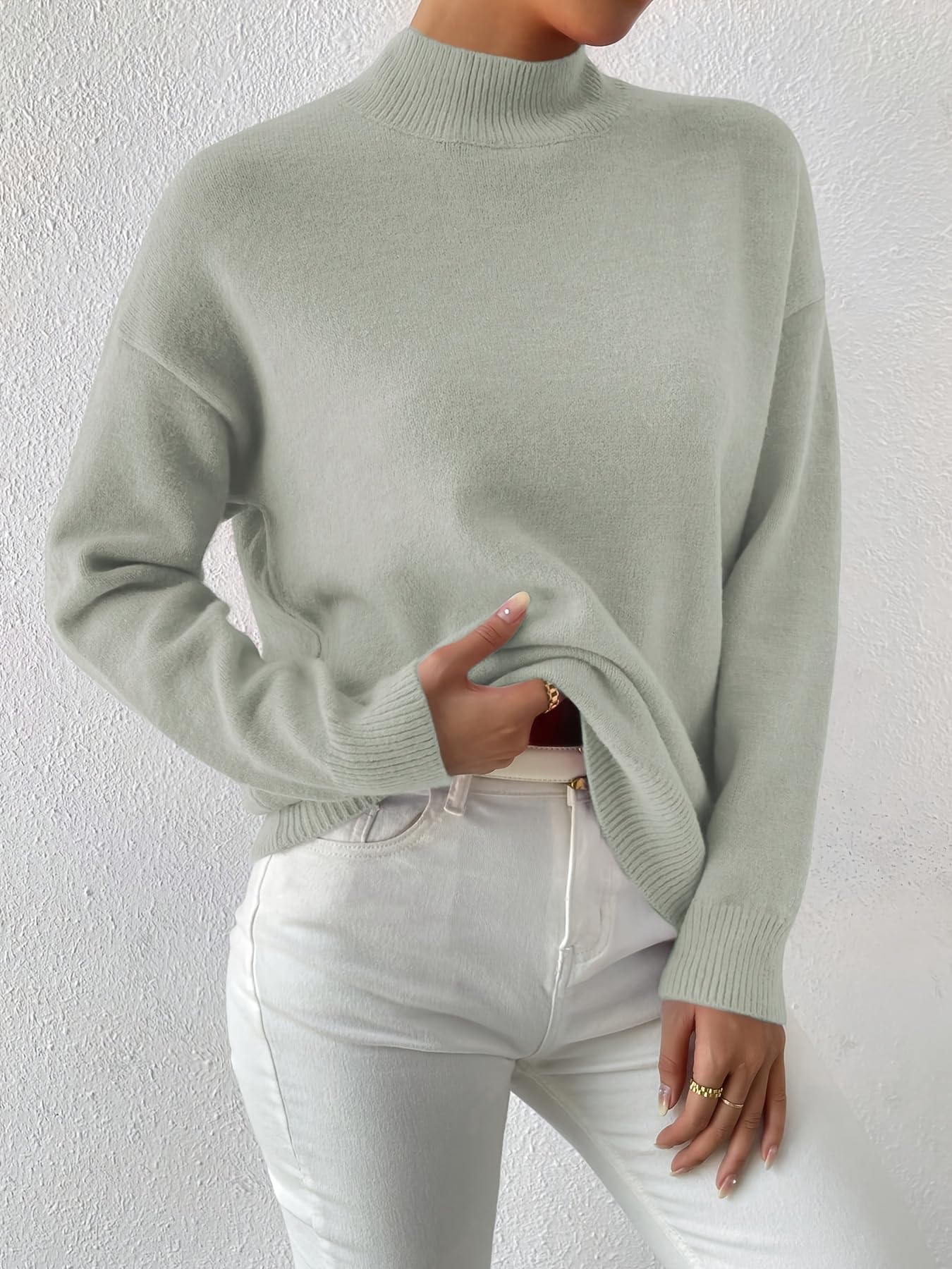 Womens Soft Mock Neck Pullover Sweater Casual Long Sleeve Solid Color Lightweight Top for Fall and Winter Light