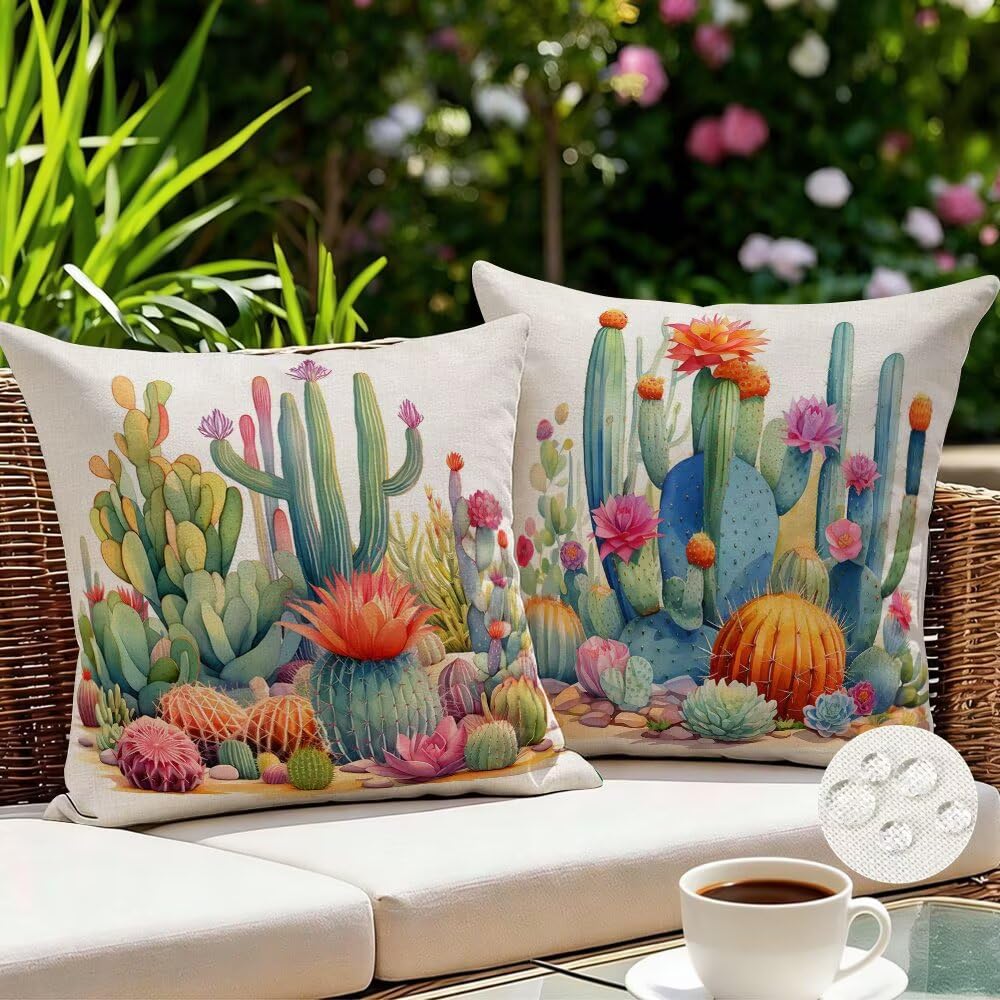 Outdoor Cushions Waterproof Summer Cushion Covers 35cm x 35cm Set of 2 Tropical Plants Garden Cushions Pastoral Cushion Cover Decorative Pillows Linen Throw Pillow Case for Garden Furniture (IU201)