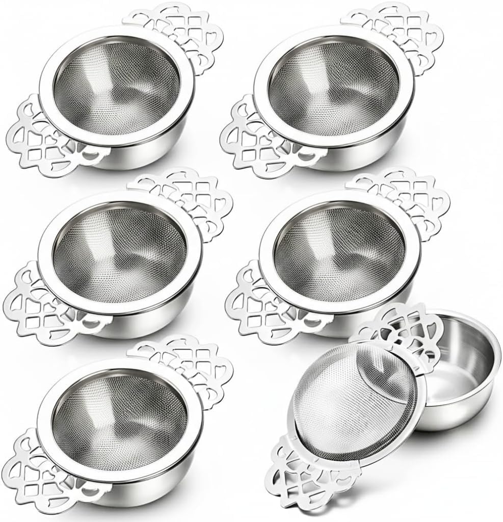6 Pack Mesh Tea Filter Strainers, Stainless Metal Tea Infuser, Tea Steeper with Handle and Drip Bowl for Loose Tea, Sliver, 2.5 Inch