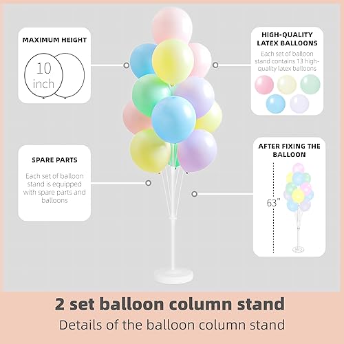 Miniatura 25 de Juego de 2 columnas de globos con globos arcoíris surtidos incluidos: torre de globos con soporte, base y poste, decoración de fondo para bodas