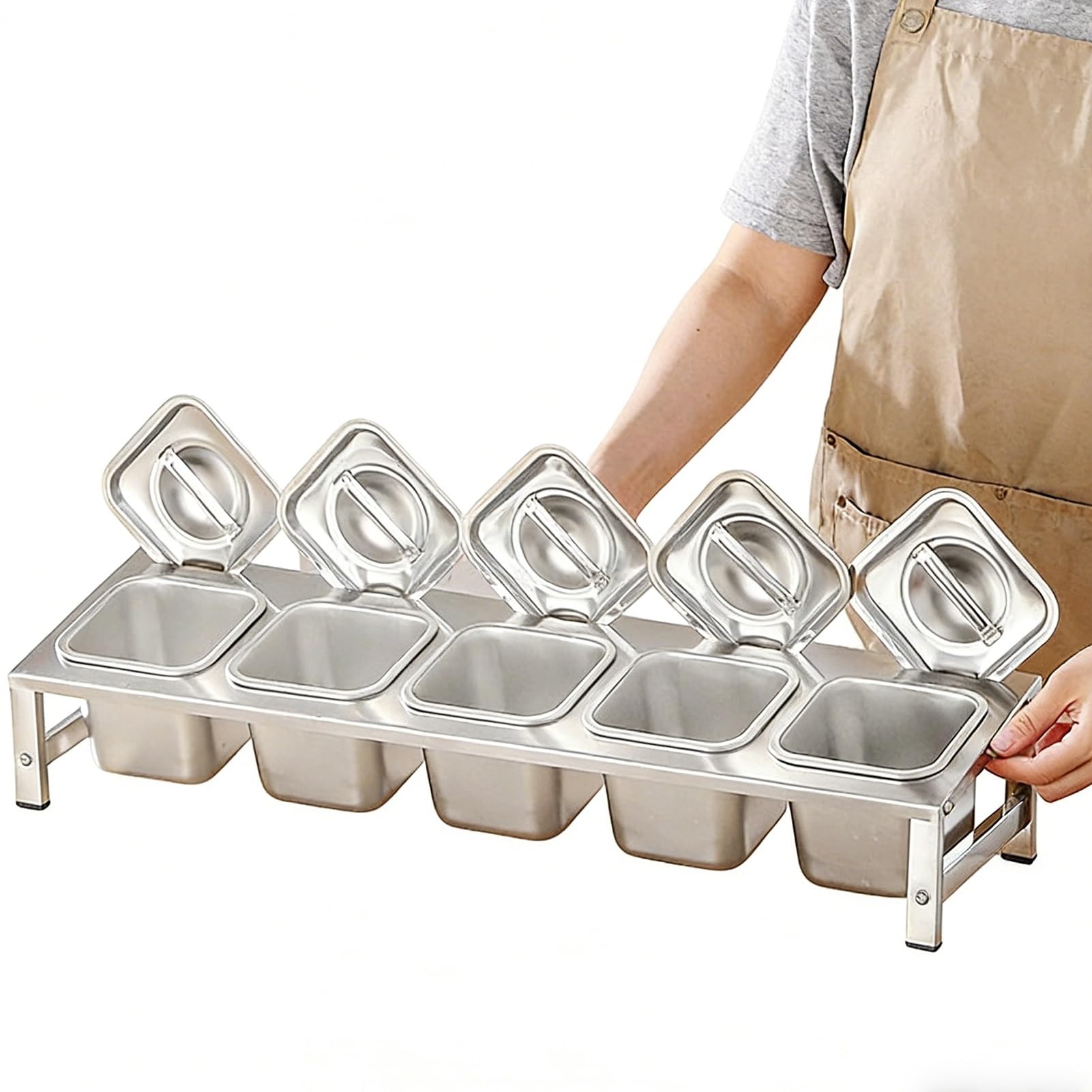 WDSOPK 2 Tier 304 Stainless Steel Pizza Topping Station with Lids & Spoons Kitchen Spice Rack Commercial Condiment Tray for Easy Access 42x34.3x9.2 15CM (With Lid 68X18.3X9.2~12.4cm)
