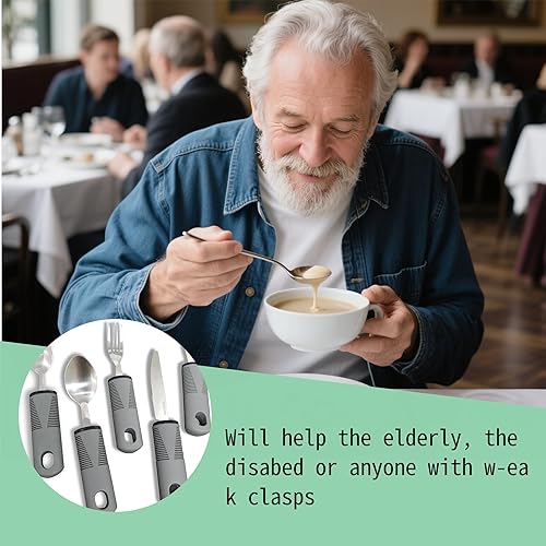 Miniatura 5 de Adaptive Utensils - Juego de 5 utensilios con peso para temblores de manos, utensilios de Parkinson de fácil agarre, asas extra anchas, utensilios