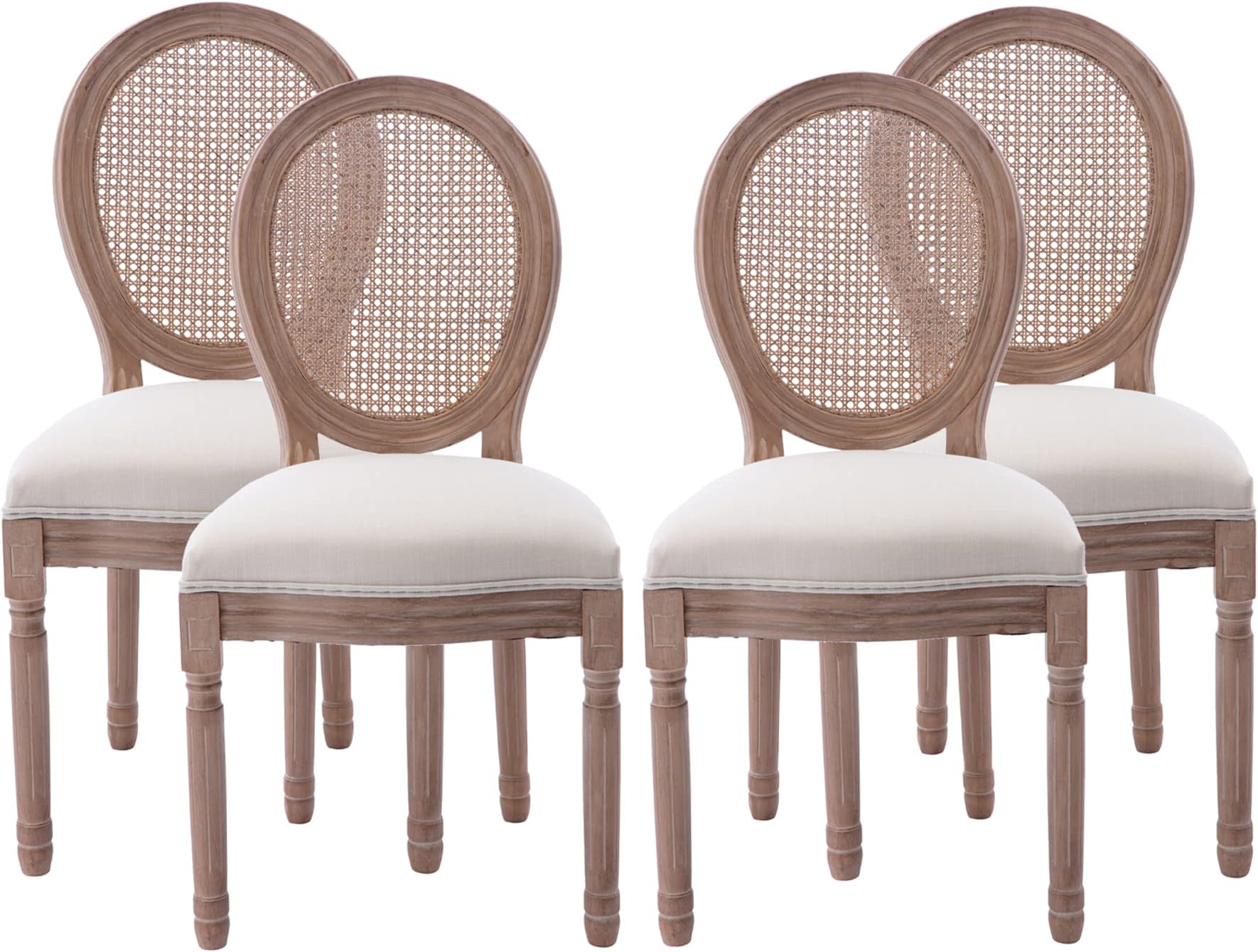 Nrizc French Country Dining Chairs Set of 4, Farmhouse Fabric Chairs with Round Back, Rattan Dining Chair, Oval Side Chairs for Dining Room/Living Room/Kitchen/Restaurant