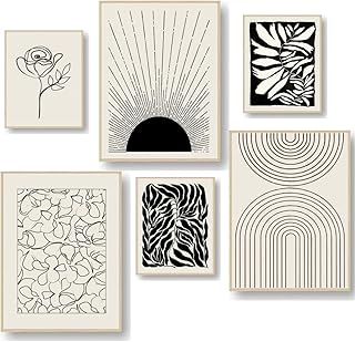 Black Beige UNFRAMED Wall Art Set of 6, Abstract Neutral Geometric Gallery Wall Art Prints for Living Room, Modern Minimalist Line Artwork Posters , Boho Sun Wall Decor for Bedroom, Bathroom, Office, Home
