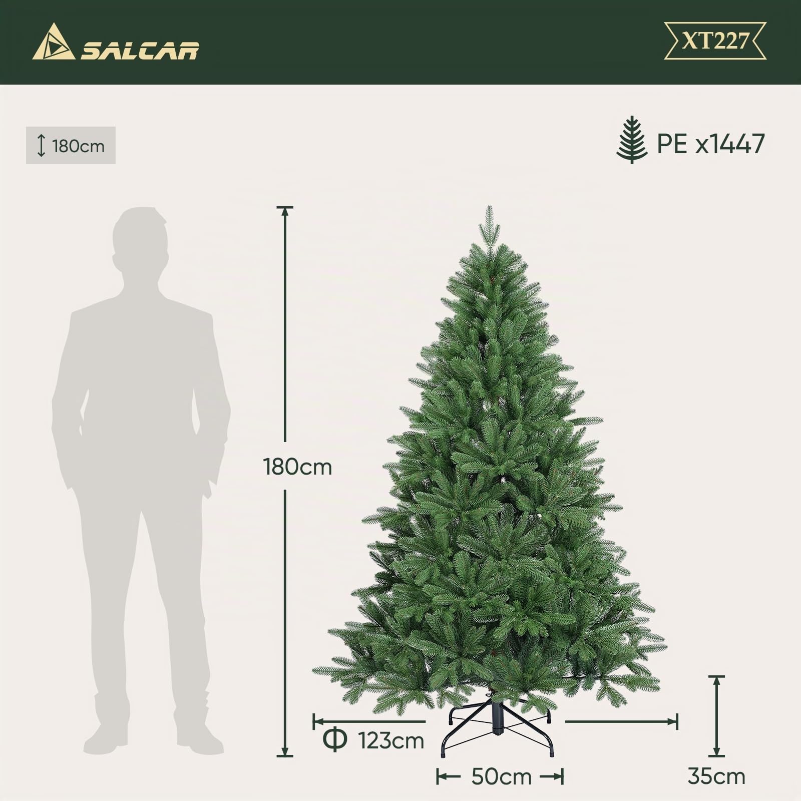 SALCAR Sapin de Noël Artificiel de qualité supérieure - 180 cm - en 100% polyéthylène - Vert Naturel - Couleur et Forme Stables - sans Odeur - Pas de Perte d'aiguilles