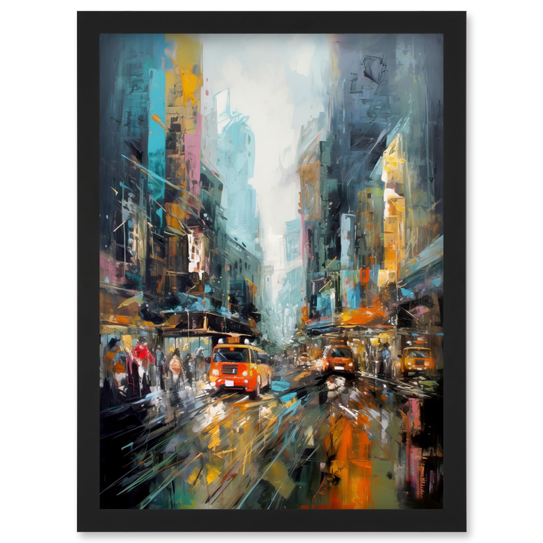 Artery8 New York City Rainy Day Abstract Action Cityscape Artwork Framed Wall Art Print A4