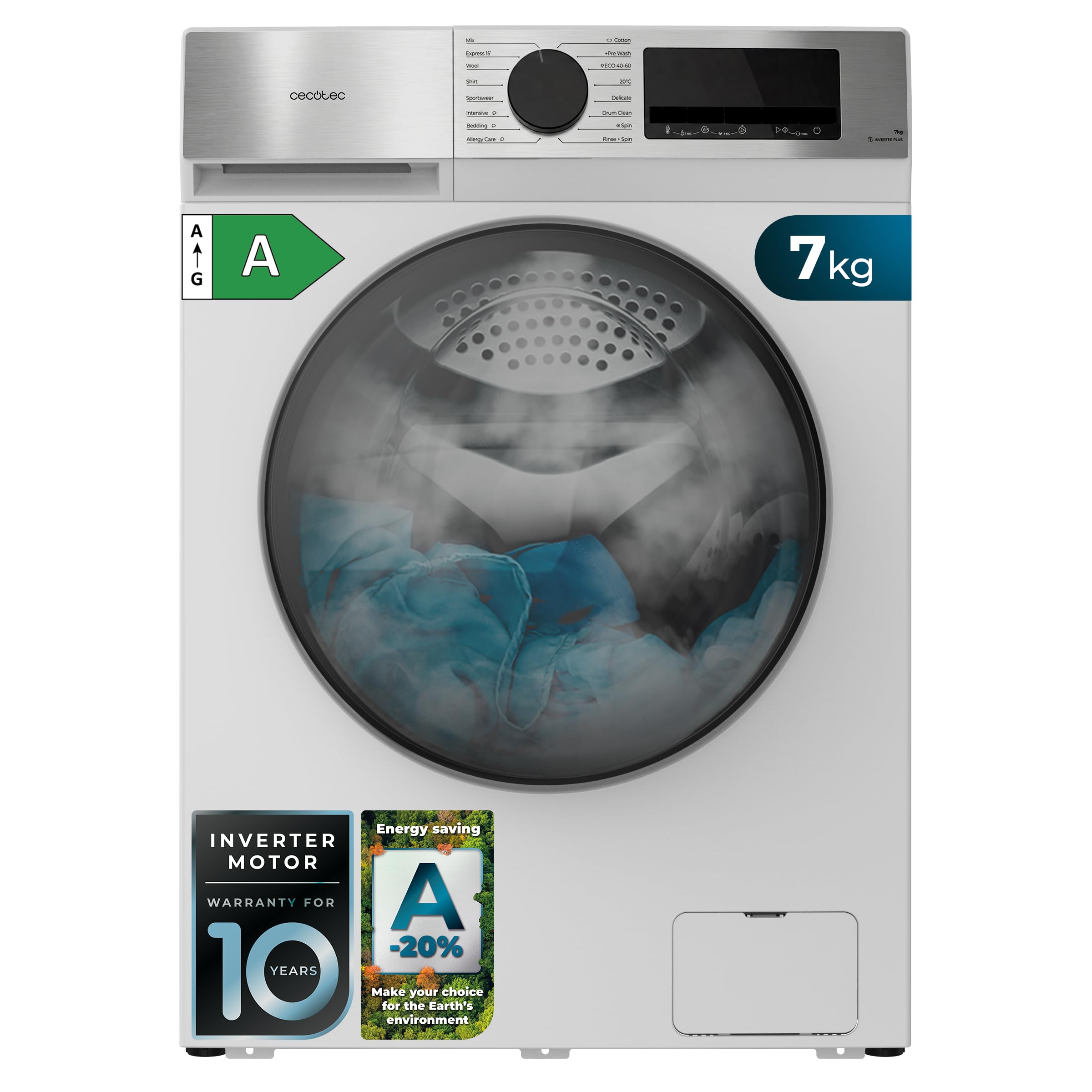 Cecotec Lavatrice Carica Frontale 7 Kg Bolero DressCode 7450 Inverter. 1850W, 1200 rpm, Classe A-10%, 16 Programmi, Pannello Inox, Allergy Care, Pearl Drum, Funzione Silence, KidLock, Bianca