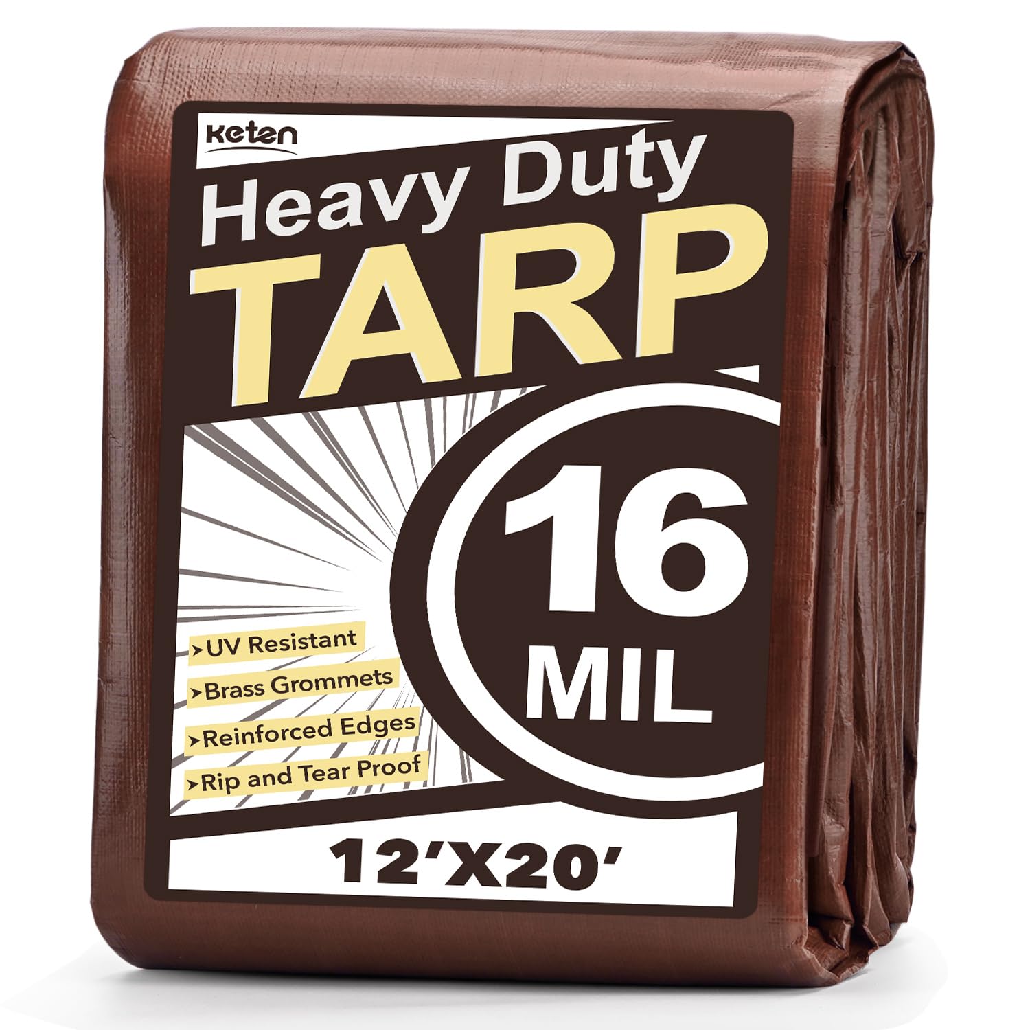Photo 1 of Keten Tarps Heavy Duty Waterproof 12X20 Feet, Extra Thick 16 Mil, Tear & Fade Resistant, 100% UV Blocking, Outdoor Tarp with Reinforced Grommets for Roof, Camping, Patio, Pool, Boat (Brown/Silver)