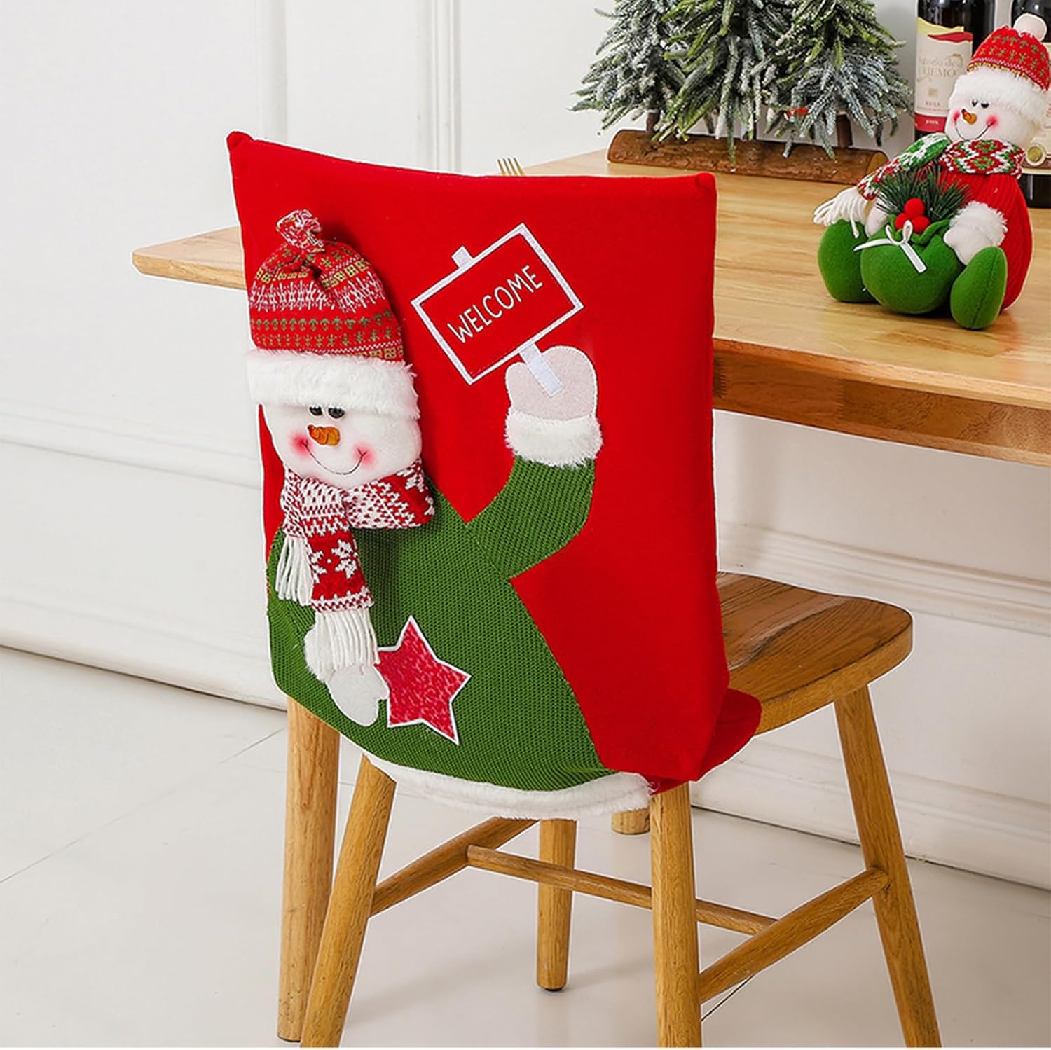 Christmas Chair Back 3D Santa Snowman Chair Slipcovers for Dining Room Restaurant Home Party Christmas Decoration