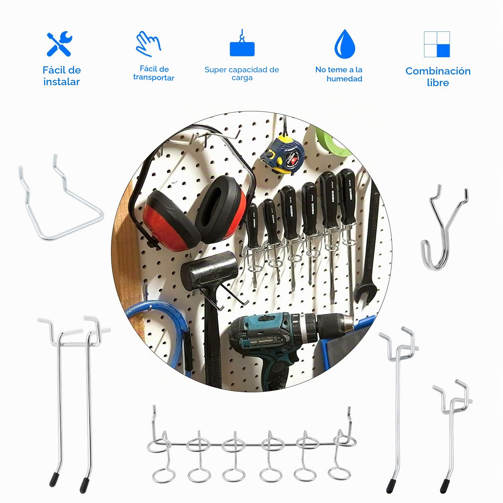113pcs Pegboard Hooks Surtido, Peg Board Hook Attachments Conjunto y organización Storage Tienda Tools, para Organizar Varias Herramientas
