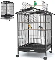 86 * 46.5 * 45.5 cm Gaiola de Pássaro Grande com Teto Duplo, Gaiola Porta-Pássaros Doméstica Portátil, Gaiola de Pássaro Grande com Caixa de Comida e Poste, Gaiola para Periquito