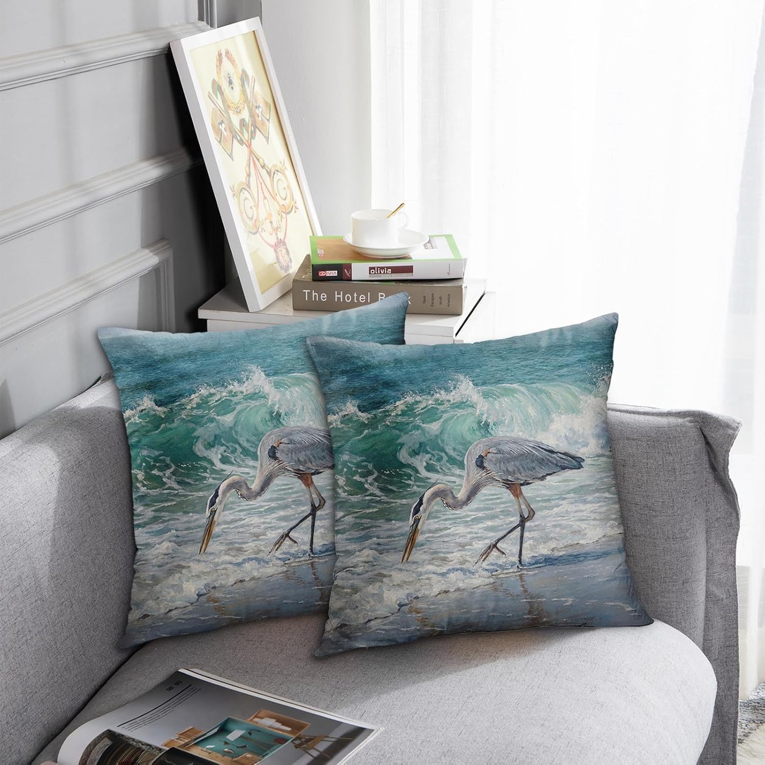 Emvency Throw Pillow Covers Set of 2, 20 x 20 Inch, Blue Heron Watercolor image 2