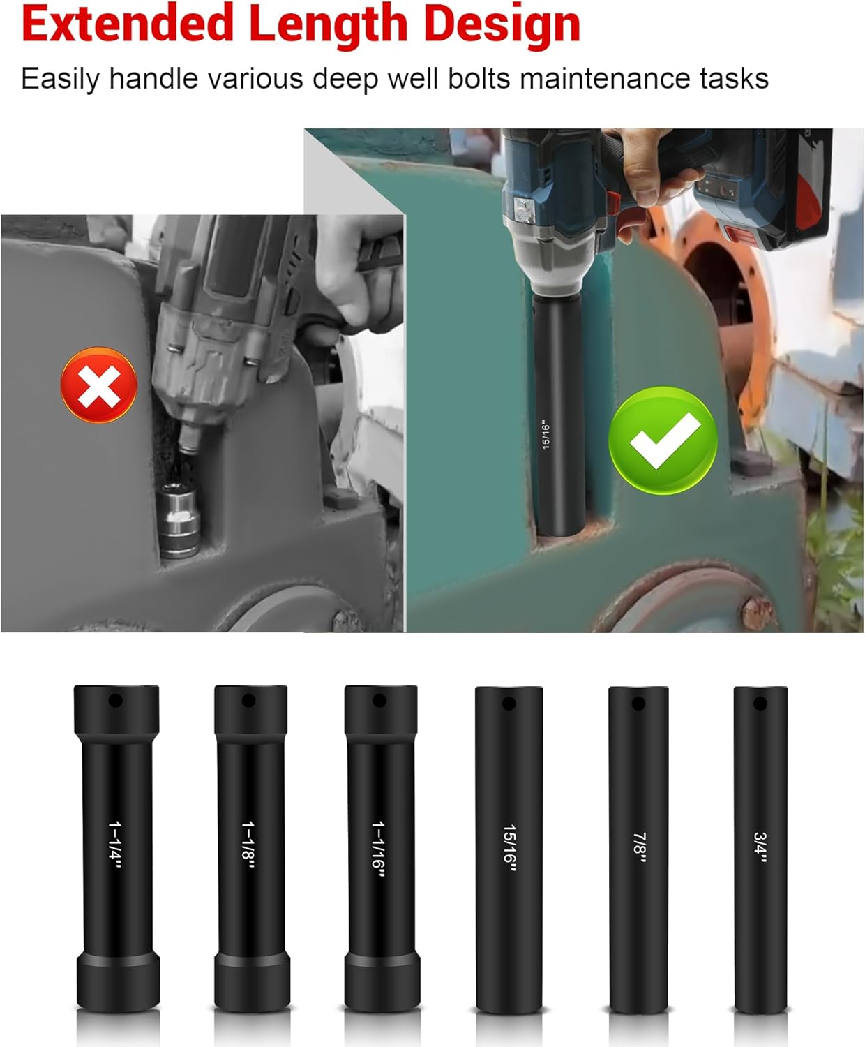 1/2 Inch Drive Extended Length Impact Socket Set, 6 Sizes Extra Deep Socket Set Include Sizes 3/4", 7/8", 15/16", 1-1/16", 1-1/8", 1-1/4" for High Torque Use with Case