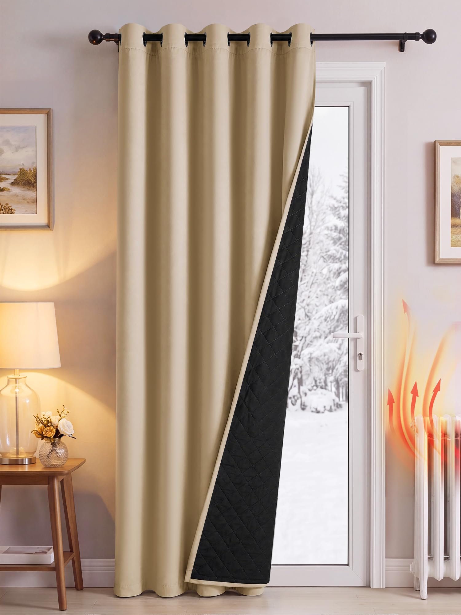PONY DANCE Thermal Door Curtain with Quilted Black Lining, Beige, 60x90