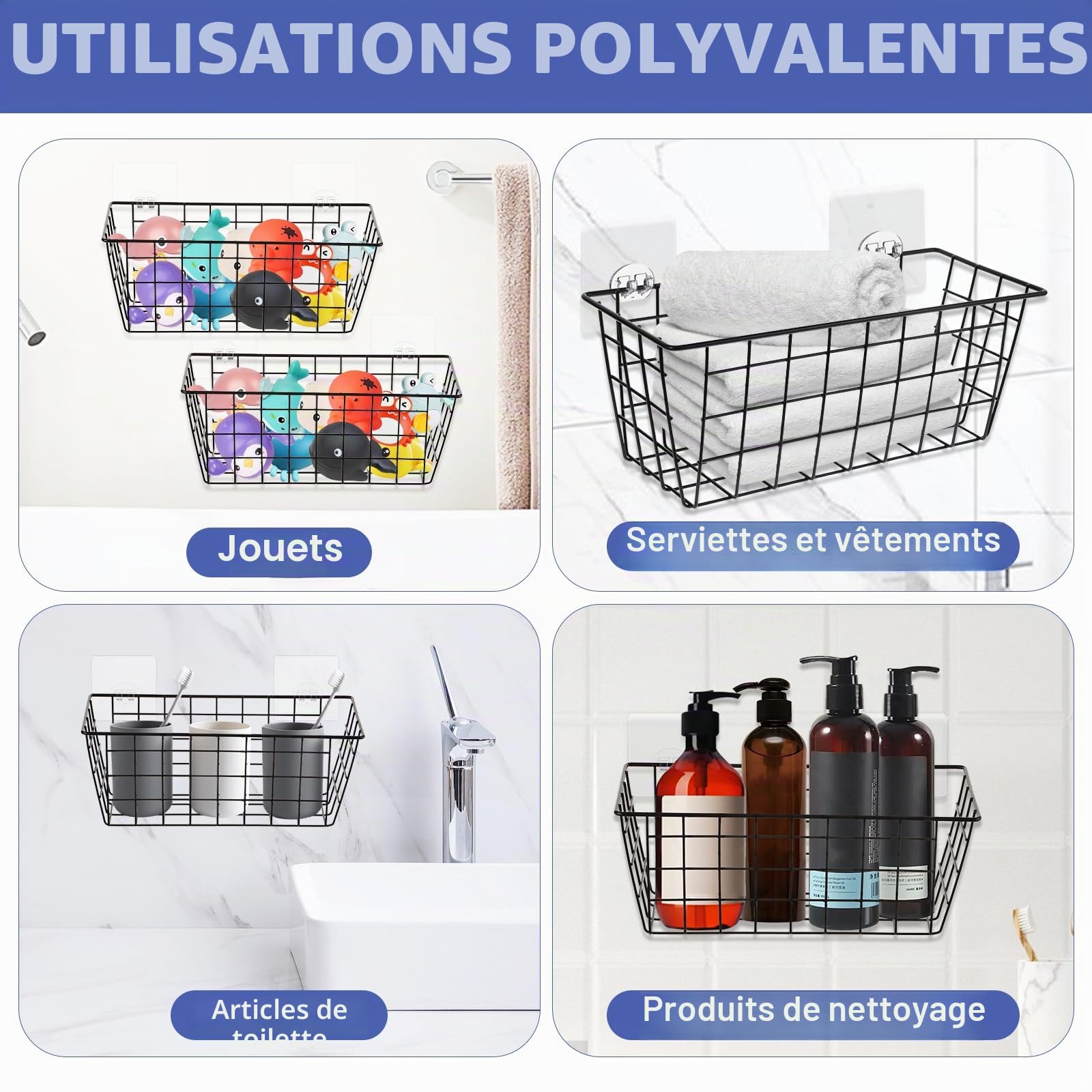 YEXEXINM Lot de 2 organisateurs de rangement en métal pour jouets de bain, panier de douche en maille suspendu avec crochets adhésifs pour baignoire, grand porte-jouets de bain pour ranger les jouets