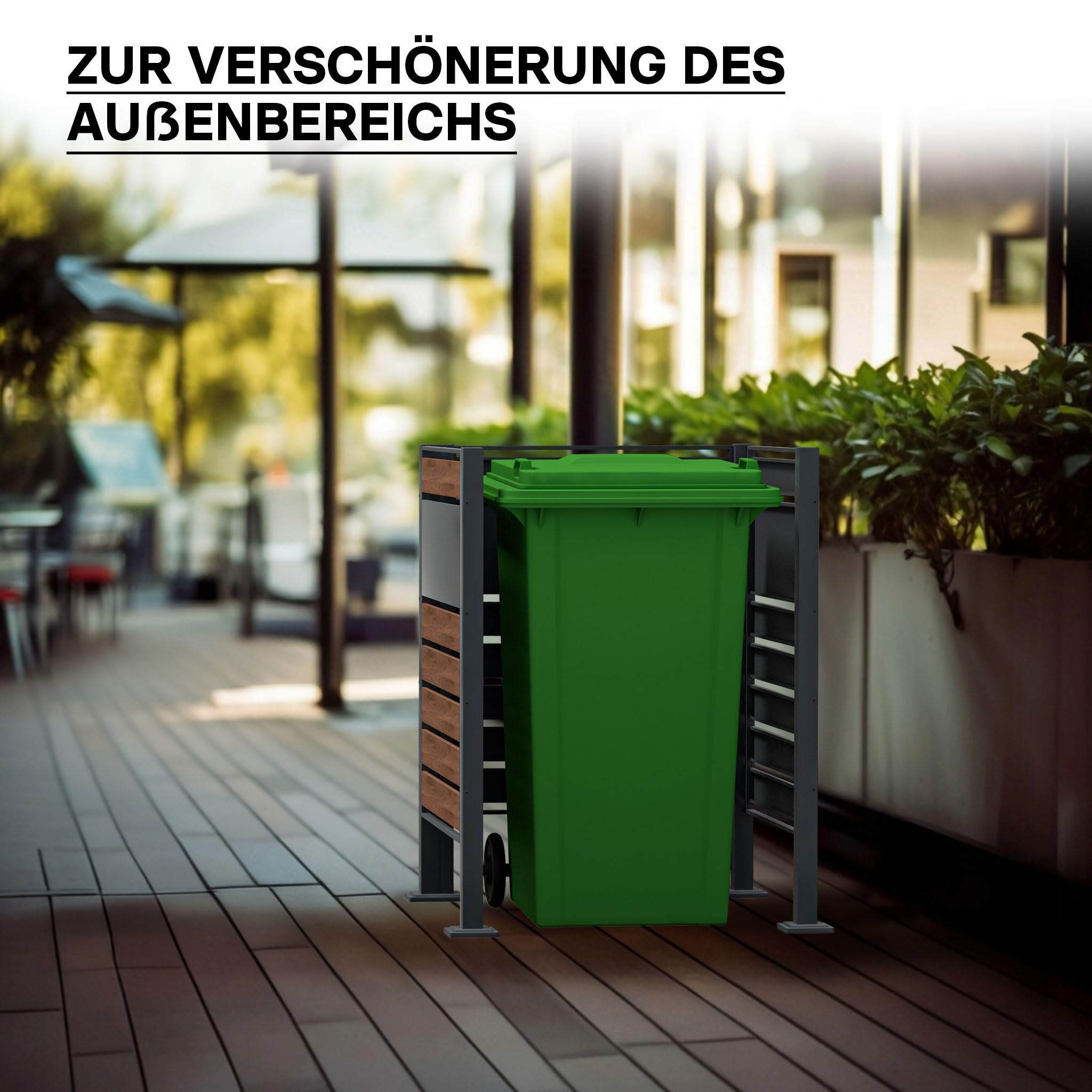 Wiltec Mülltonnenzaun aus Stahl in Holzoptik, Mülltonnenverkleidung für eine Tonne 60-240l, Mülltonnenbox, Sichtschutzzaun