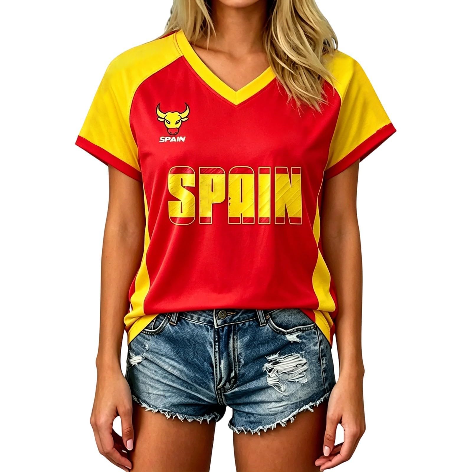 Spain Football T-Shirt for Women Short Sleeve V-Neck Shirts Spain Flag Comfortable Casual Tee Retro Soccer Jersey Adult and Kids Summer Tops (2-Yellow, 3-4 Years)