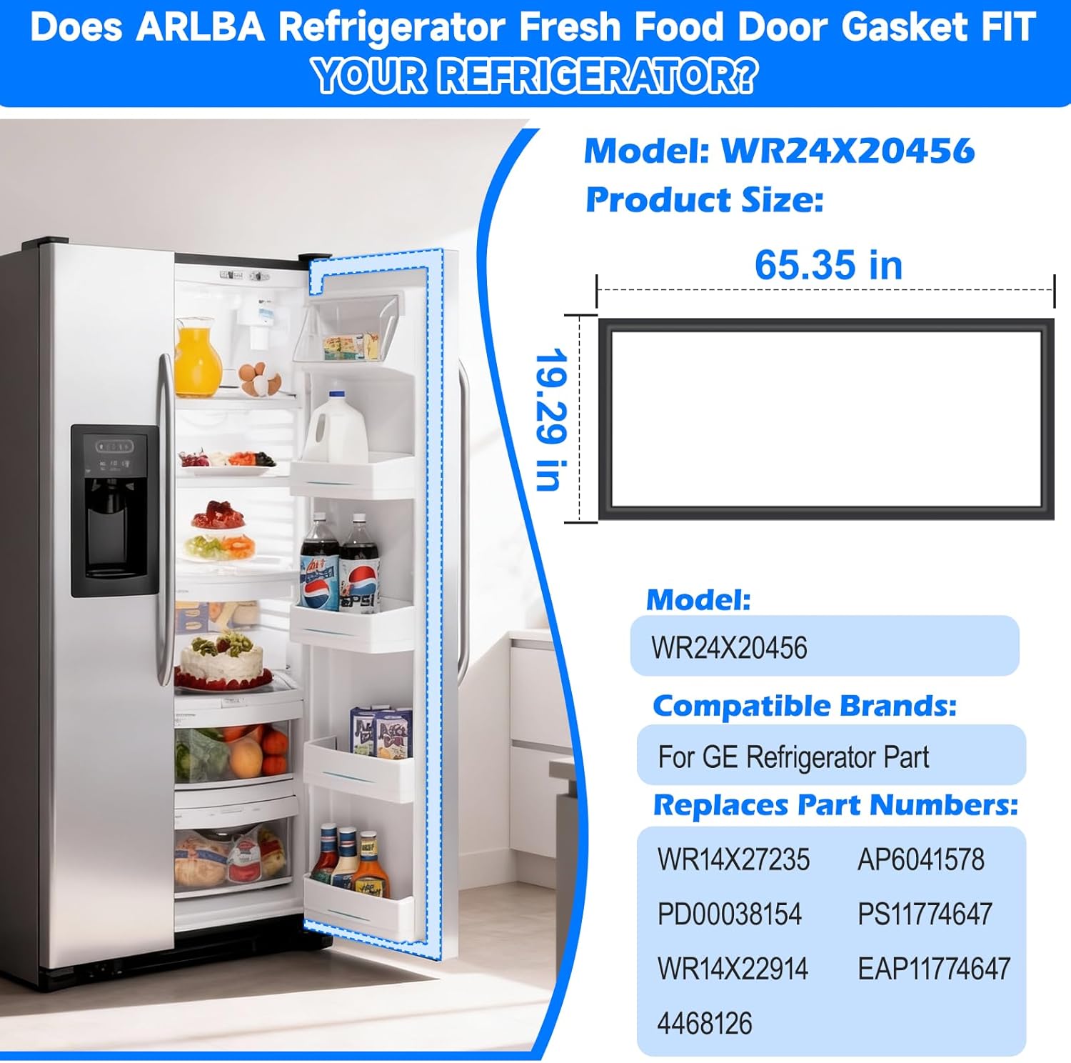 Upgraded 65.55"x 19.69" WR24X20456 Refrigerator Fresh Food Door Gasket Replacement Compatible with GE Refrigerator Door Seal Fridge Gasket WR24X10071 WR24X10157 WR24X10256 EAP8758487 PS8758487 Black