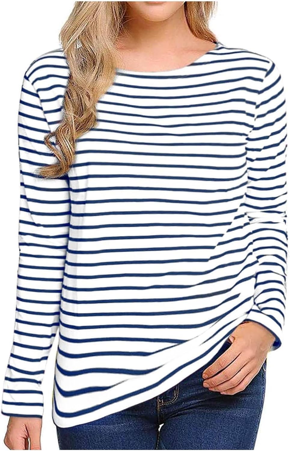 Womens Striped Long Sleeve Shirts Crew Neck Tops Loose Fit Casual Tshirt Color Block Pullover Blouse