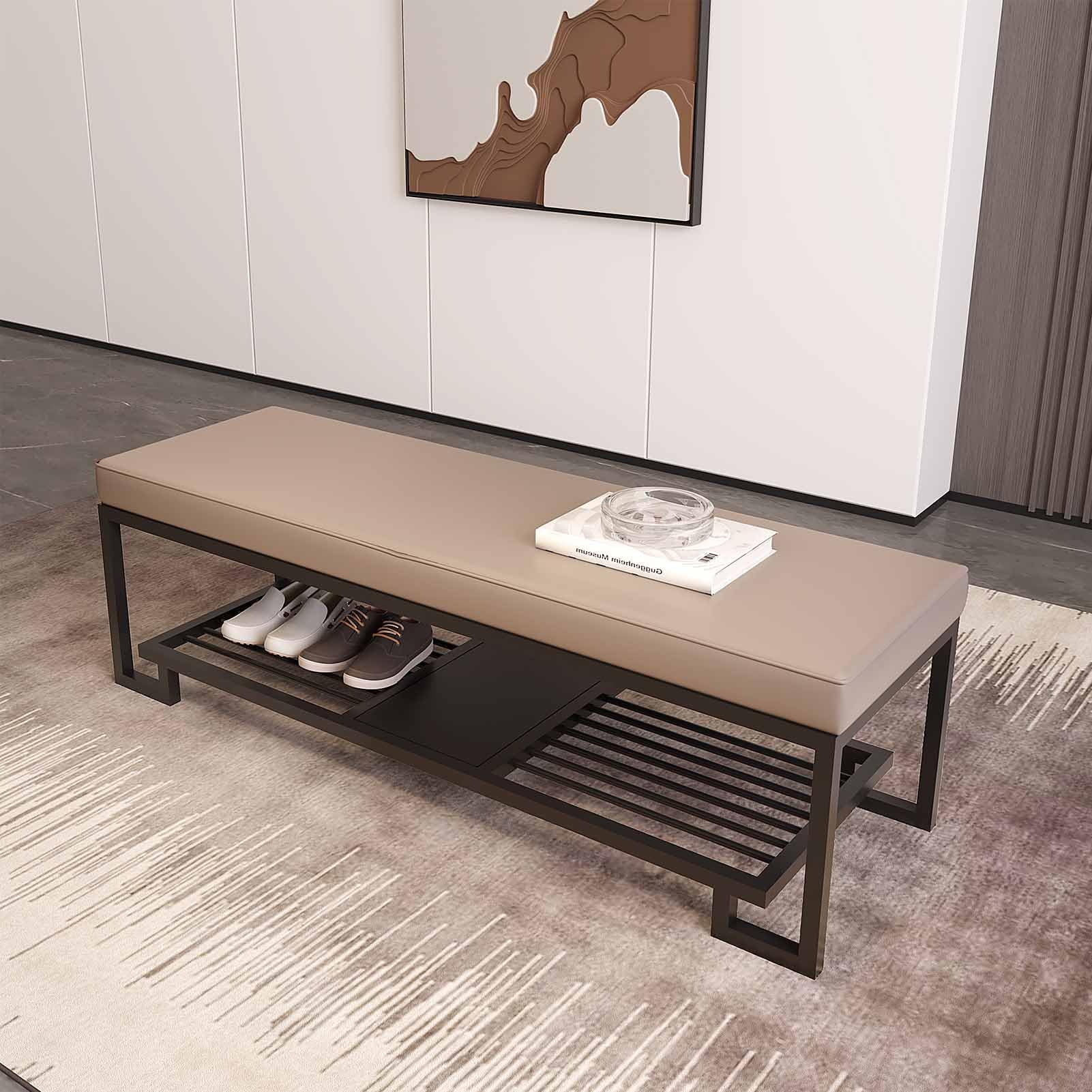 Banc d'entrée avec bandes en similicuir tressées et cadre en métal