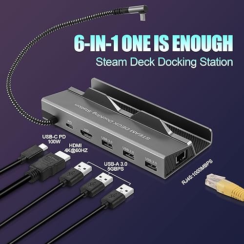 Miniatura 2 de Estación de acoplamiento para Steam Deck, Base de cubierta de vapor 6 en 1 con HDMI 4K a 60Hz, Gigabit Ethernet 1000Mbps, 3 USB-A y puerto de carga