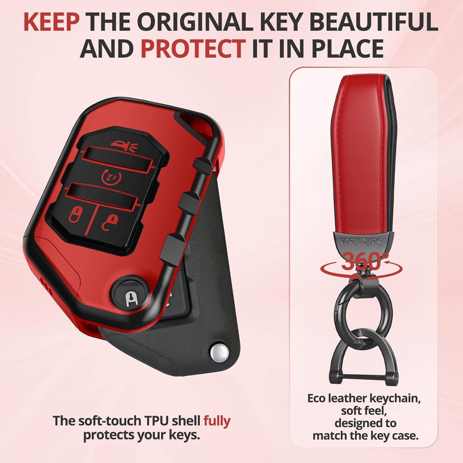 For Jeep Key Fob Cover Accessories- Matte TPU Key Fob Cover with Leather Keychain for Jeep Wrangler JL JLU Rubicon Gladiator Sahara. - Image 3