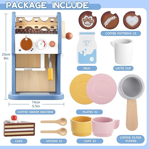 Miniatura 5 de GAGAKU Máquina de café de madera de juguete con molinillo, 15 piezas, accesorios de cocina de madera para niños, no tóxico, juego de simulación,