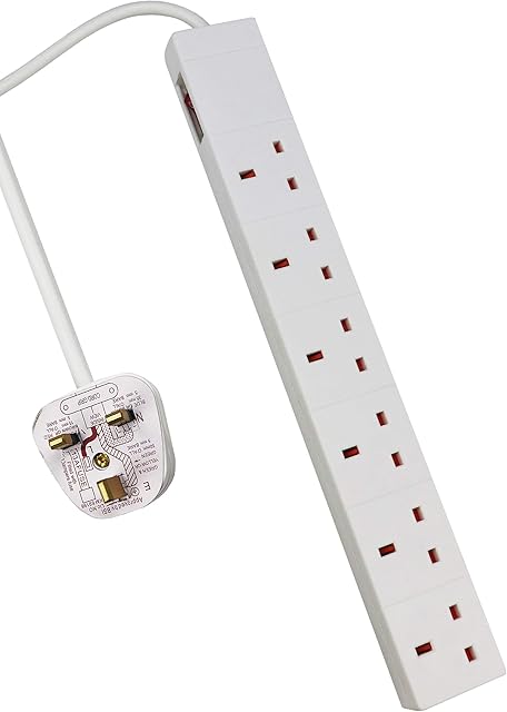 EXTRASTAR 6 Gang Extension Lead with Led Indicator and Side Switch in White, 1M Extension Cord 13A UK Plug Max 3120W, 6 Socket Power Strip for Home Office School