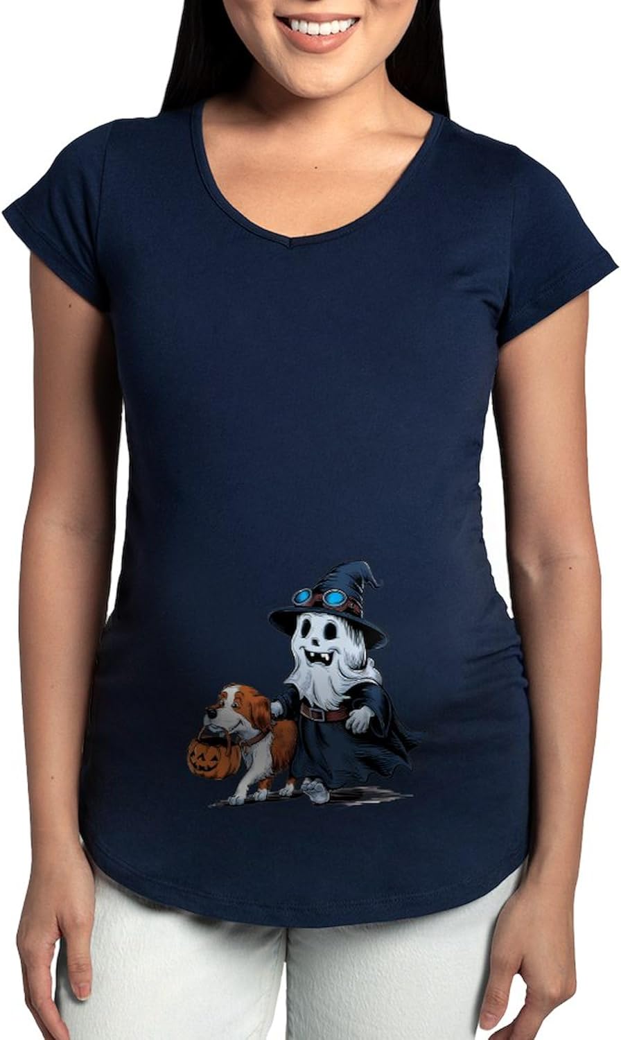CafePress A Cartoon of A Skull with A Top Hat and A Dog Women's Maternity T Shirt Women's Maternity Ruched Side T-Shirt