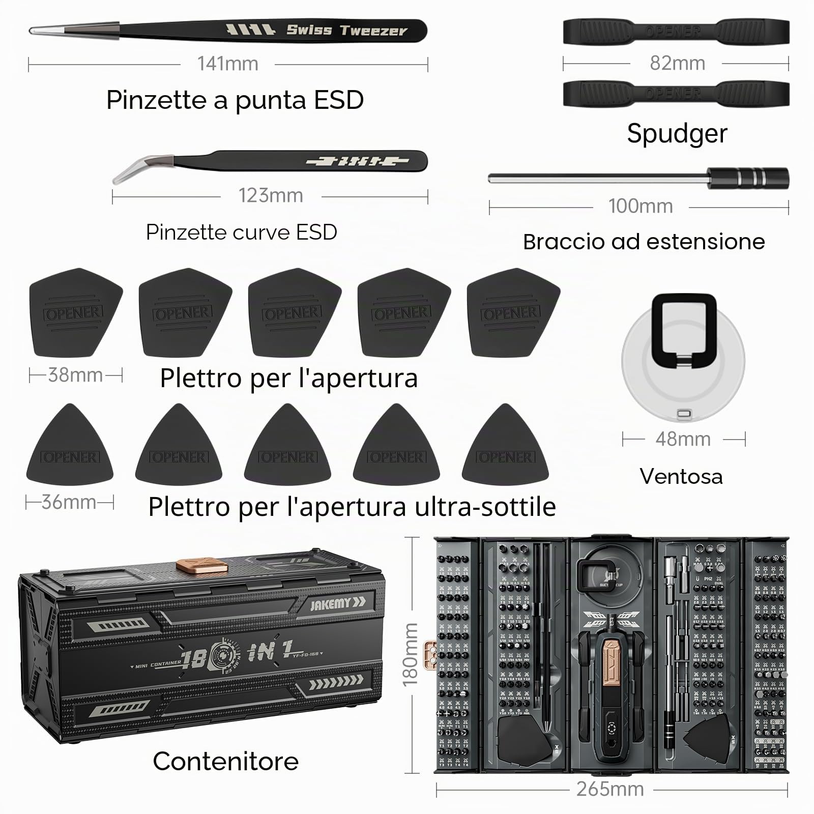JAKEMY Set di cacciaviti di precisione 180 in 1, cacciavite manuale magnetico con estrattore di viti danneggiate, kit di riparazione per PC, telefono, computer, MacBook, orologio, occhiali, console